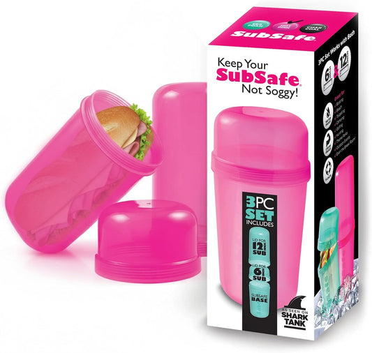 SubSafe 3-Piece Sub Sandwich Container, Hot Pink - As Seen on Shark Tank - Waterproof, Crushproof, BPA-Free Food Storage that Floats - Fits 6 & 12 in Subs - Great for Travel, Beach, Camping