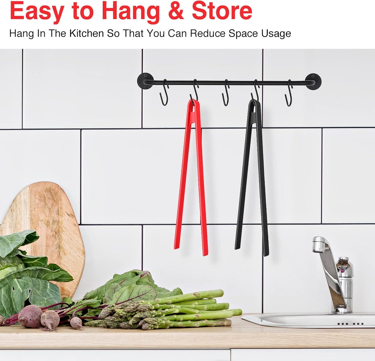 2-Piece Silicone Trivet & Tongs, 11.8 Inch, Non-Stick, Heat Resistant, BBQ & Grilling Tongs for Pan Fried Steak & Toaster (Black, Red)