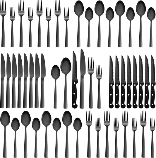 48 Pieces Black Silverware Set with Steak Knives, CEKEE Stainless Steel silverware set for 8, Black Flatware Cutlery Kitchen Utensils Set, Spoons and Forks Set, Mirror Polished & Heavy Duty