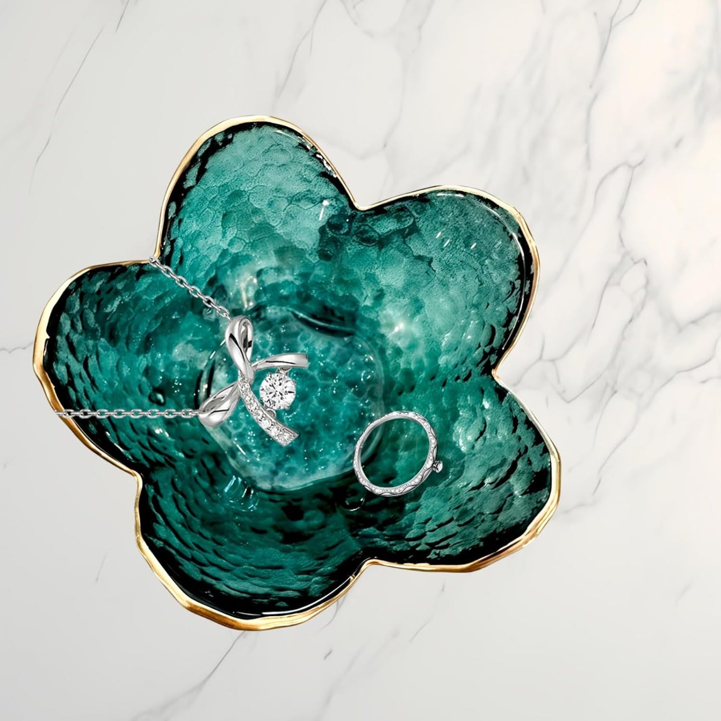 Small Green Flower Jewelry Dish, Glass Jewelry Ring Tray Trinket Bowl, Nightstand Decor Ring Holder for Women, Home Decor Gifts for Women, Wedding, Birthday, Mothers Day, Christmas, Thanksgiving