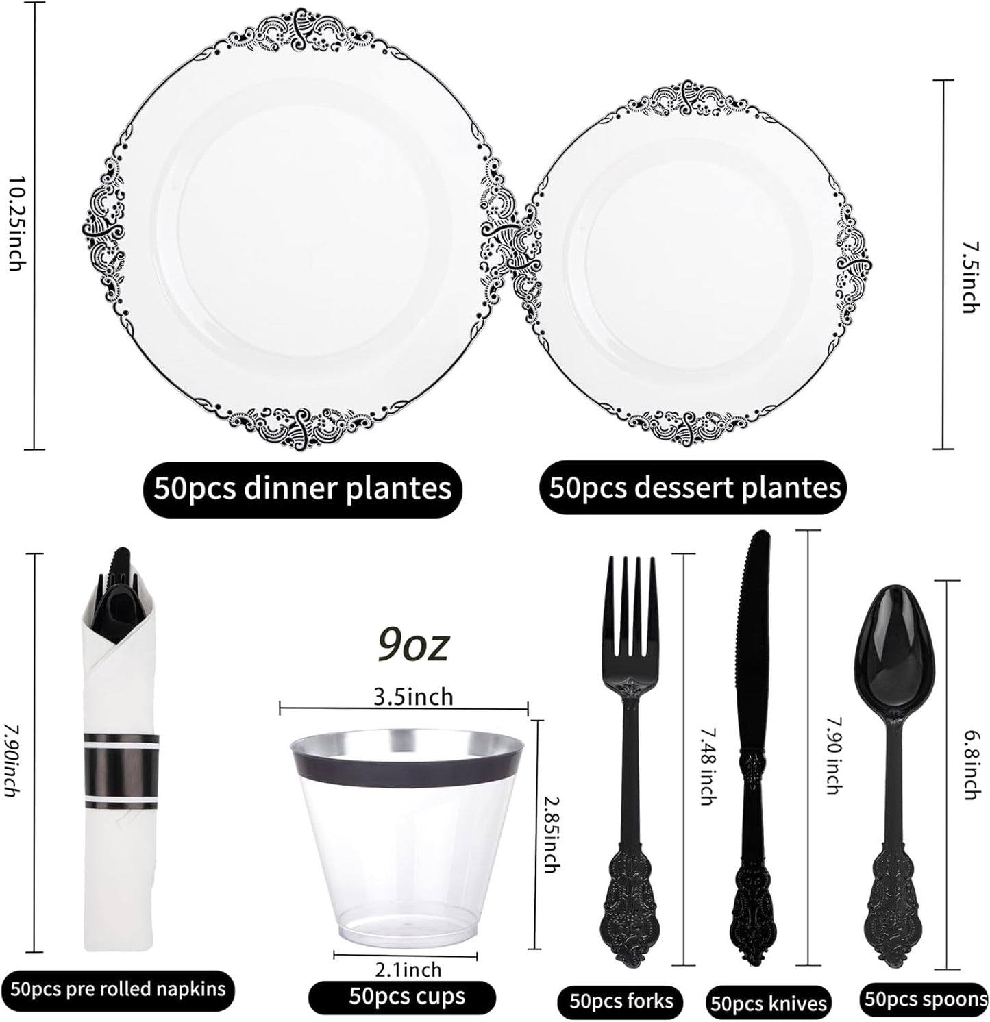 Hioasis 350pcs Clear Black Plastic Plates - Elegant Disposable Dinnerware Set Suitable for 50 Guests Include 10.25" Dinner & 7.5" Dessert Plates, Pre Rolled Silverware Set, Cups for Party & Halloween
