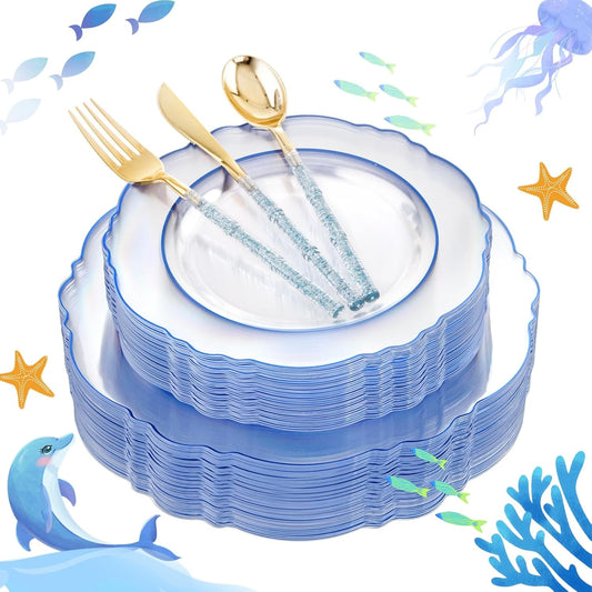 Liacere 150PCS Clear and Blue Plastic Plates-Clear and Blue Disposable Plates with Glitter Bamboo Handle Cutlery-60 Baroque Elegant Plates, 30 Forks, 30 Spoons, 30 Knives for Wedding＆Back to School