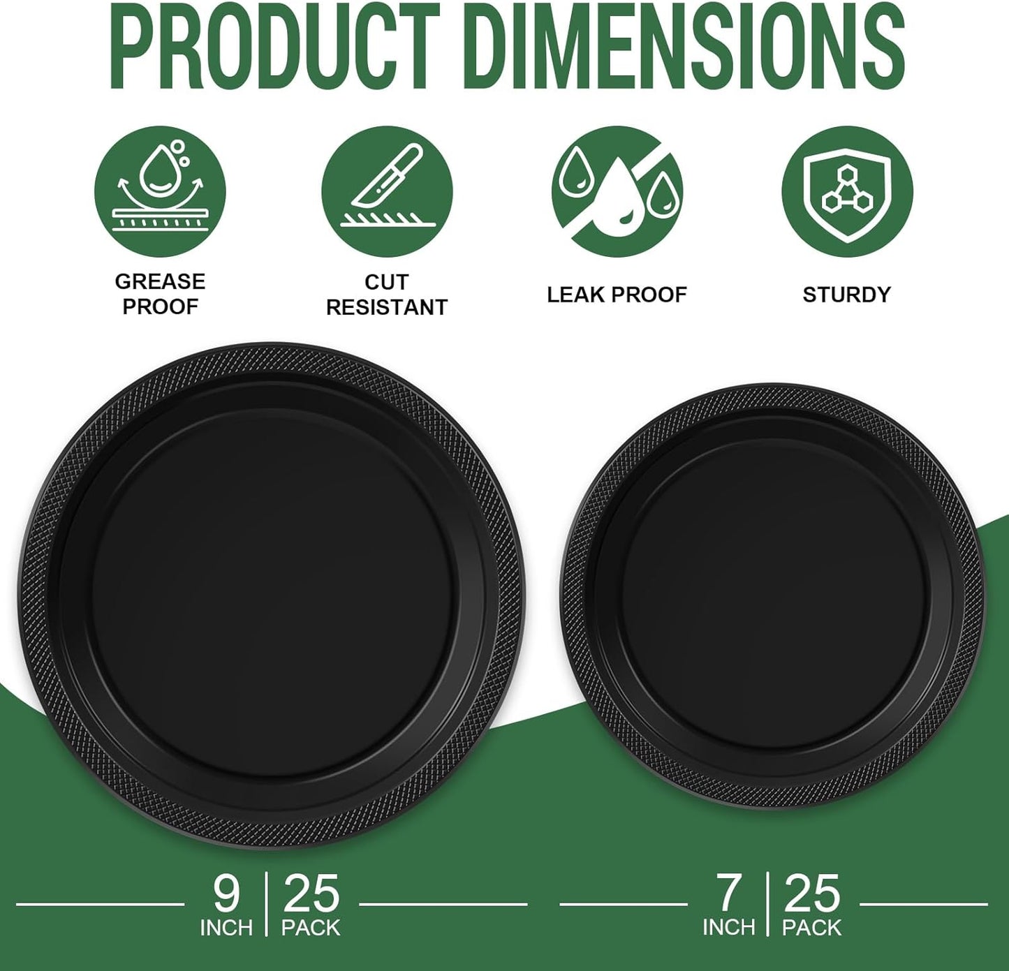 50 Black Plastic Plates For Party, Includes 25-9" & 25-7" Cake Dessert Plastic Dinner Plates Disposable For Party Supplies