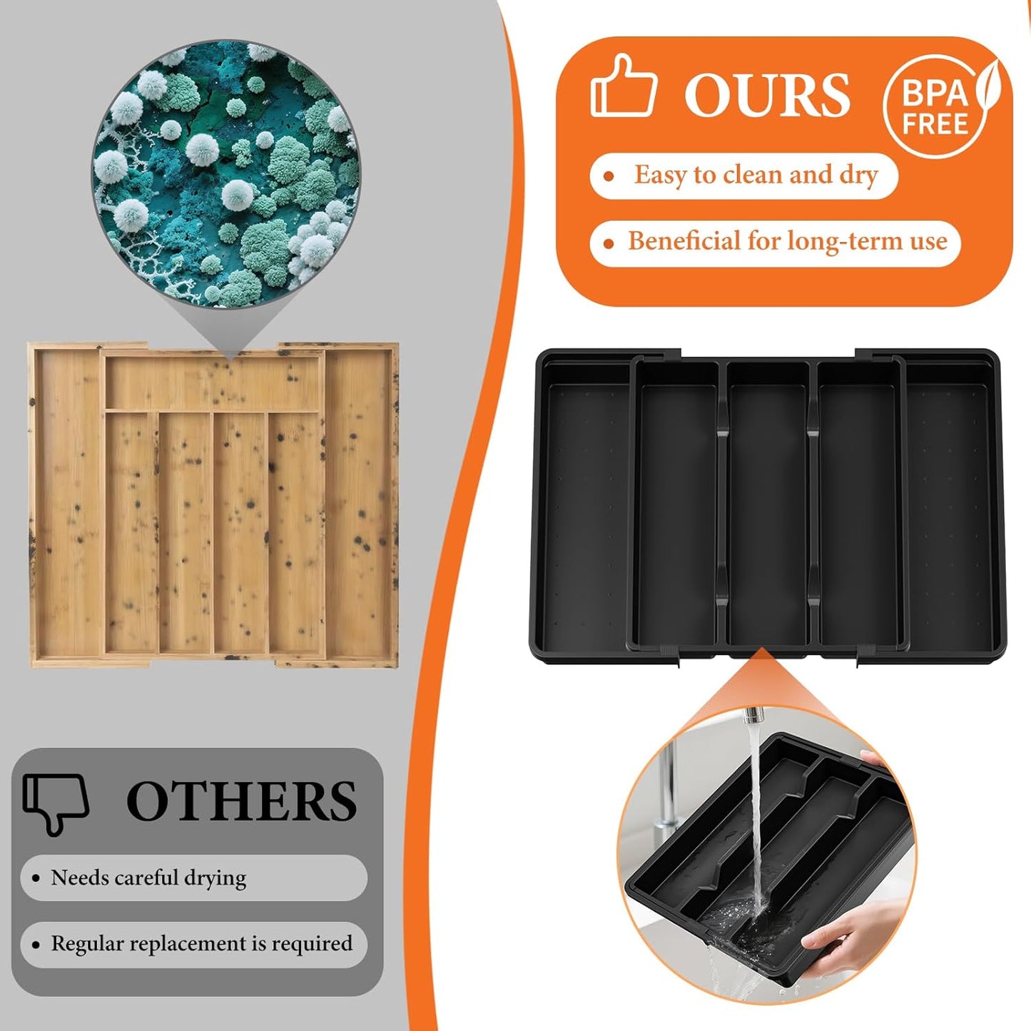 Silverware Organizer, Expandable Utensil Drawer Organizer for Kitchen Drawers, Kitchen Drawer Organizer for Spoons/Forks/Knives, Multipurpose & BPA Free Cutlery Tray, Black, 2 Pack