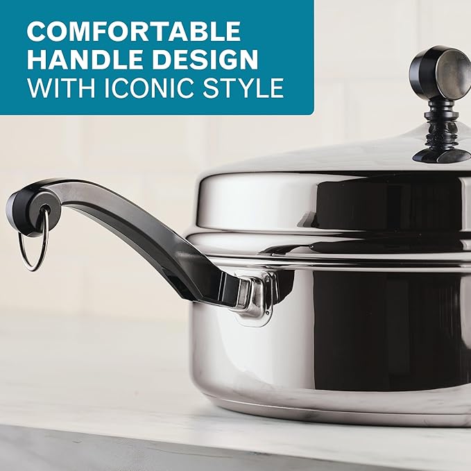 Farberware Classic Series Anniversary Edition Stainless Steel Sauté Pan and Lid with Helper Handle, Induction Suitable, 6 Quart Jumbo Cooker, Metal Utensil Safe - Stainless Steel