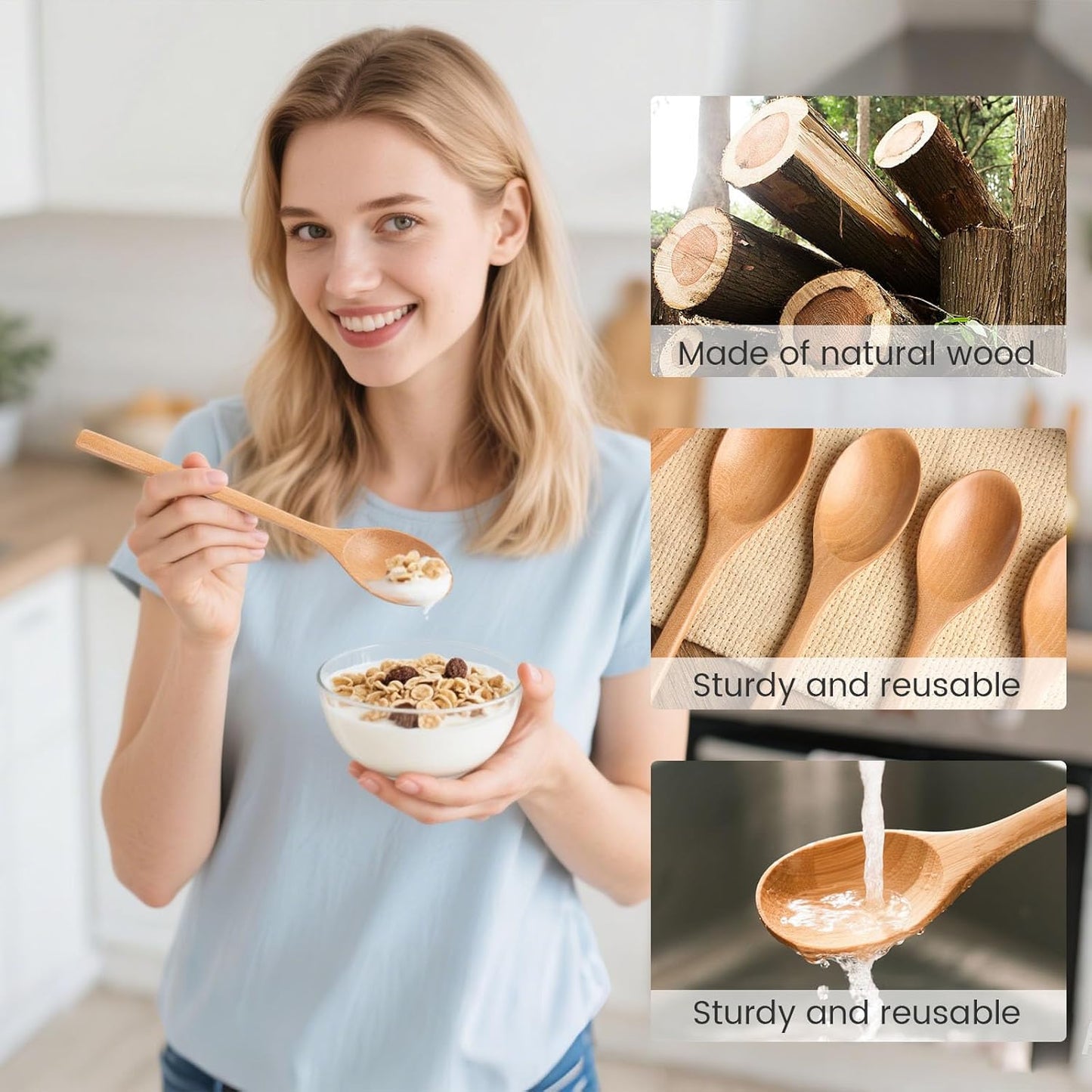 HAKSEN Wooden Spoons, 6PCS 9 Inch Wood Soup Spoons for Eating Mixing Stirring, Long Handle Spoon for Japanese Style Home Kitchen Cooking Stirring