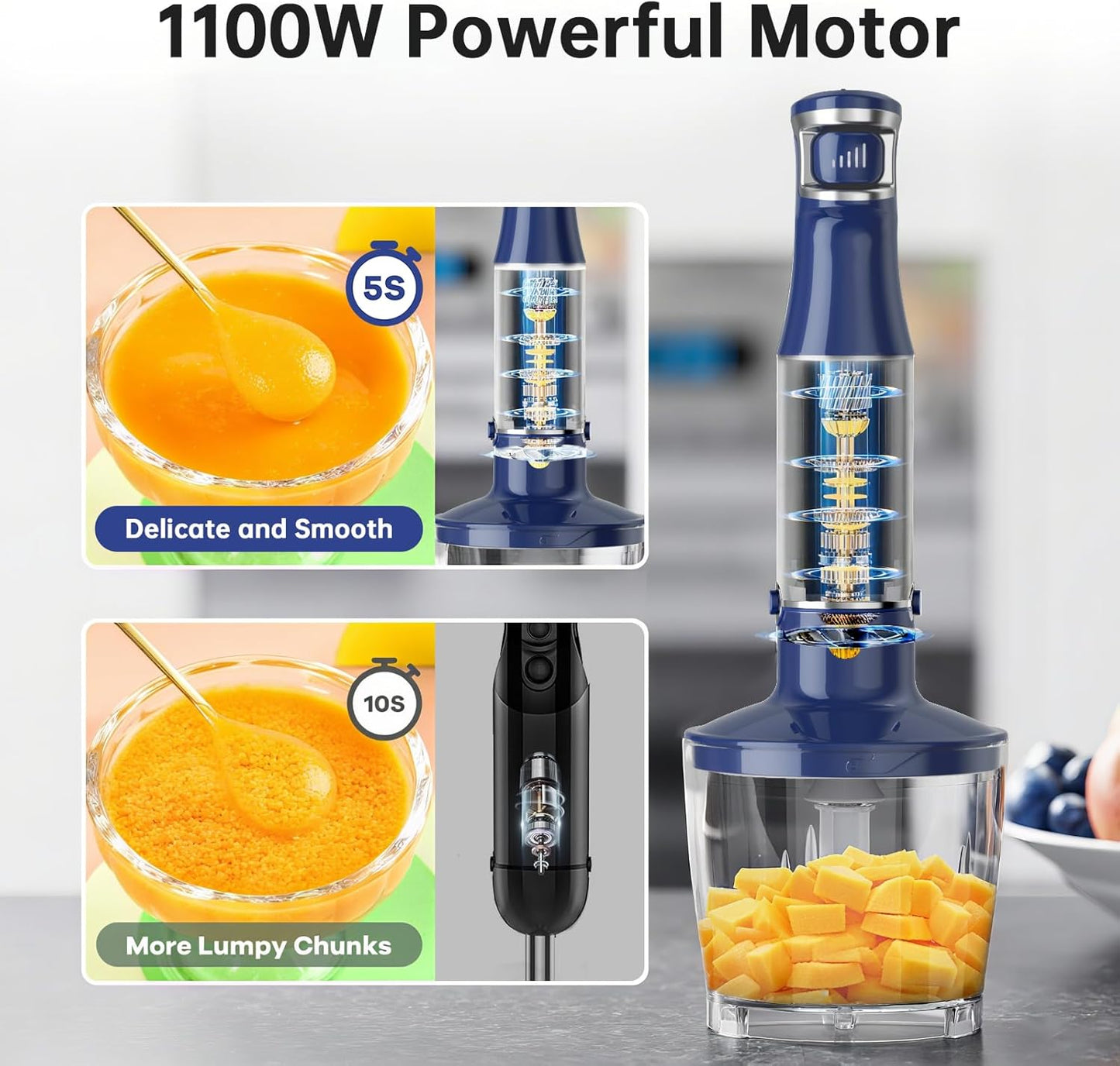 Immersion Blender Handheld Corded Hand Blenders Set 1100W, Trigger Variable Speed 5 in 1 Stick Emulsifier with Chopper, Whisk and Frother for Soup, Baby Food and Smoothies, Navy Blue