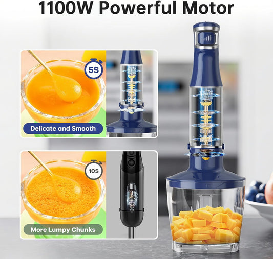 Immersion Blender Handheld Corded Hand Blenders Set 1100W, Trigger Variable Speed 5 in 1 Stick Emulsifier with Chopper, Whisk and Frother for Soup, Baby Food and Smoothies, Navy Blue