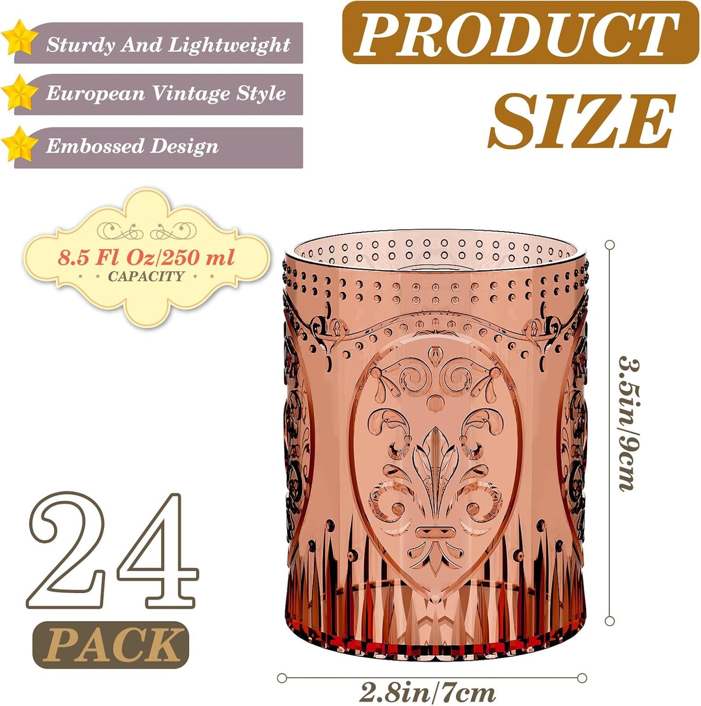 24 Plastic Vintage Drinking Glasses 8.5oz Stemless Retro Embossed Wine Glasses Shatterproof Reusable Cups for Baby Shower Wedding Reception Grand Event Party (Vintage Multicolor)