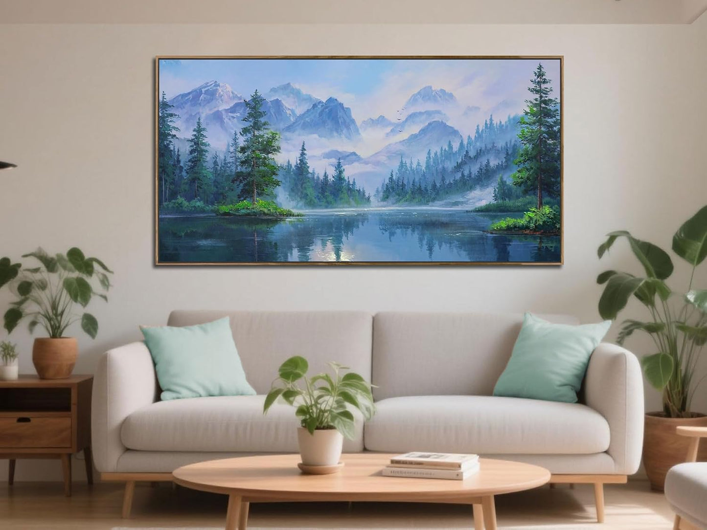 Ardemy Large Landscape Canvas Wall Art for Living Room Framed Lake Teal Pictures Bedroom Wall Decor Textured Misty Forest Scenery Paintings Artwork for Walls Home Office, 48"x24"