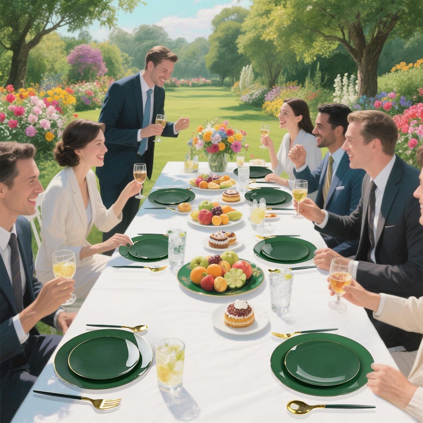 DaYammi 150Pcs Green and Gold Plastic Plates Heavy Duty Gold Rimmed plates Green Plastic Disposable Plates Included 30 Dinner Plate,30 Dessert plate,30 Knives,30 Forks,30 Spoons for Party