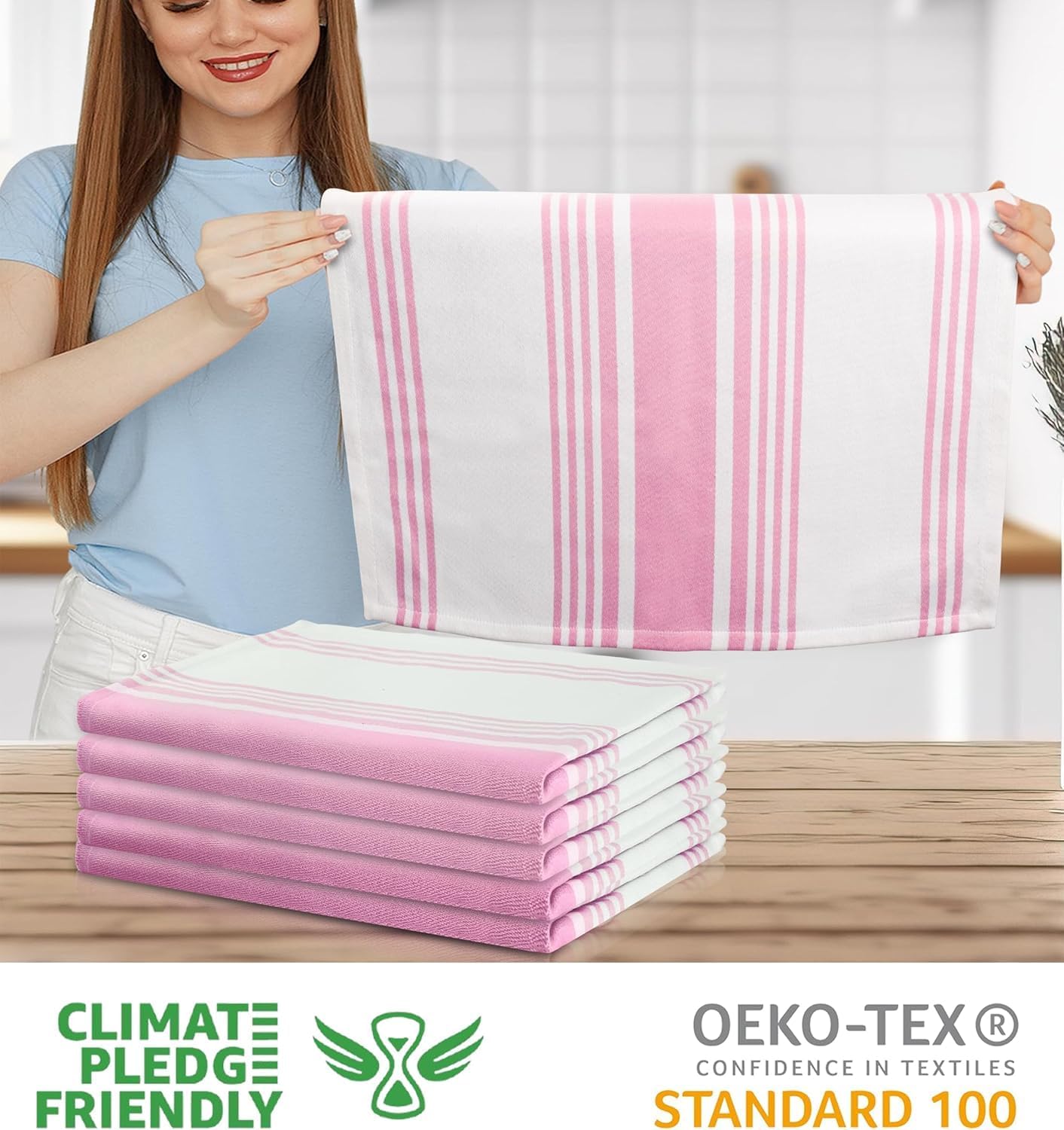 Urban Villa Kitchen Towels 100% Cotton Pack of 3, Highly Absorbent Quick Drying Super Soft Premium Dish Towels for Kitchen with Hanging Loop Hand & Tea Towels - 20x30 Inch, (Pink & White, Striped)