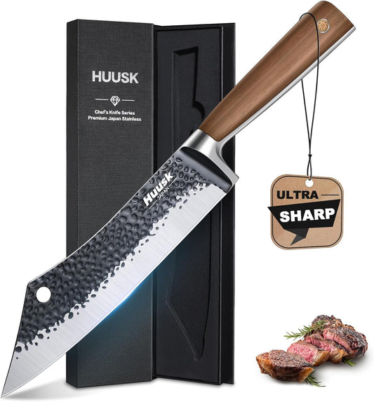 Huusk Meat Cleaver Knife Butcher Knife for Meat Cutting 8.3 inch Japanese Viking Knife Hand Forged Carving Knives for Slicing BBQ Kitchen Cooking with Present Box
