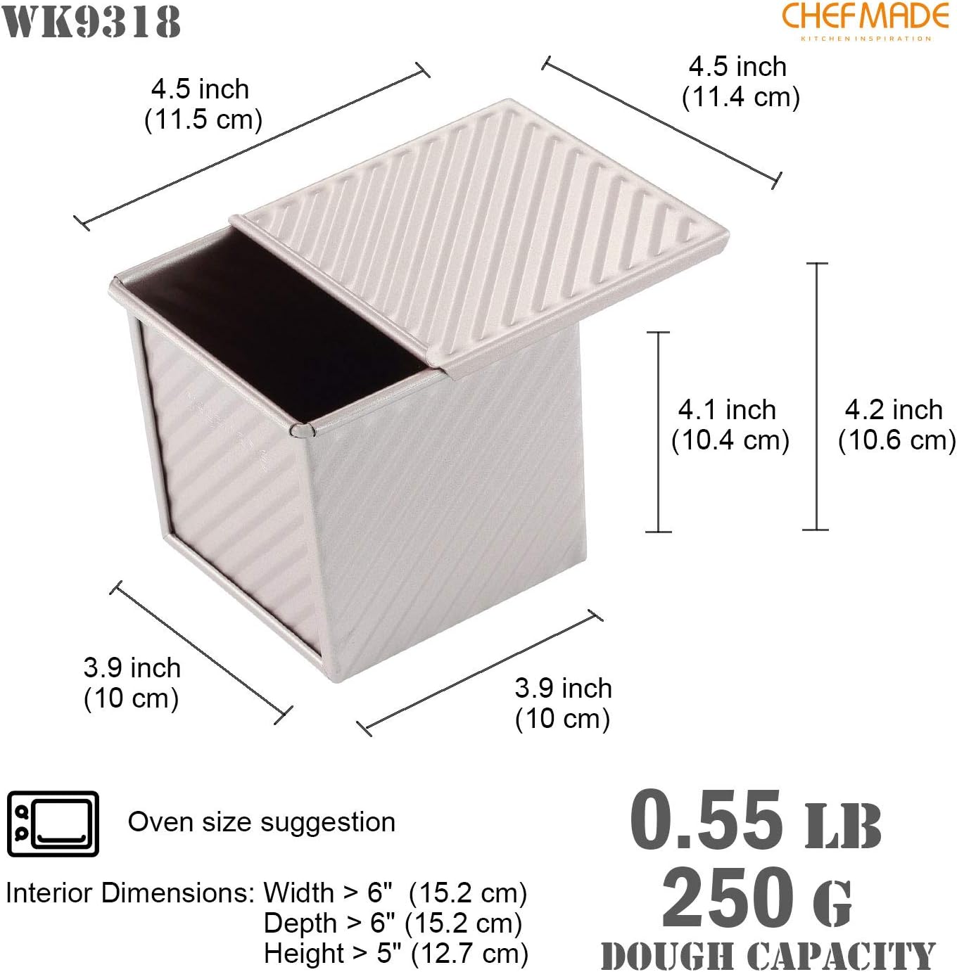 CHEFMADE Mini Pullman Loaf Pan with Lid, 0.55Lb Dough Capacity Non-Stick Rectangle Corrugated Toast Box for Oven Baking 3.9" x 3.9"x 3.9"(Champagne Gold)