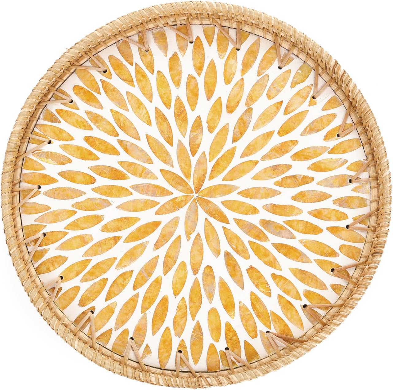 Round Rattan Tray with Mother of Pearl Inlay, Rattan Serving Tray for Coffee, Bread, Fruits, Decorative Wicker Tray for Table Decor, Home Decor, Kitchen Island Decor (Amber Leaf, 11.8")