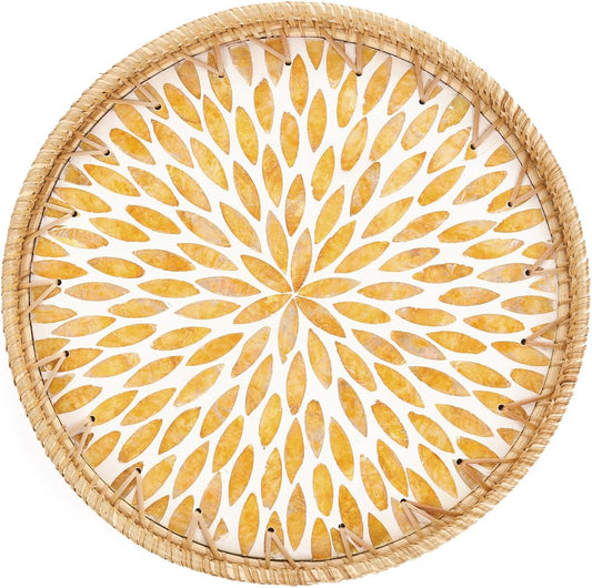 Round Rattan Tray with Mother of Pearl Inlay, Rattan Serving Tray for Coffee, Bread, Fruits, Decorative Wicker Tray for Table Decor, Home Decor, Kitchen Island Decor (Amber Leaf, 11.8")
