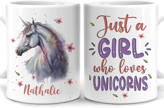 Hyturtle Personalized Gifts Unicorn Lover - Just A Girl Who Loves Unicorns Custom Name Ceramic Coffee Mug Cup 11oz - Idea Cute Animal Lover Gifts For Women, Girl Daughter On Birthday, Christmas