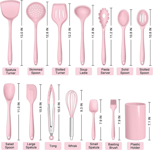 HaWare Kitchen Utensils, 14 PCS Silicone Cooking Utensils Set, Heat Resistant Kitchen Utensils for Non-stick Cookware, Kitchen Gadgets Tools with Spoons, Spatulas, Whisk, Dishwasher Safe (Pink)
