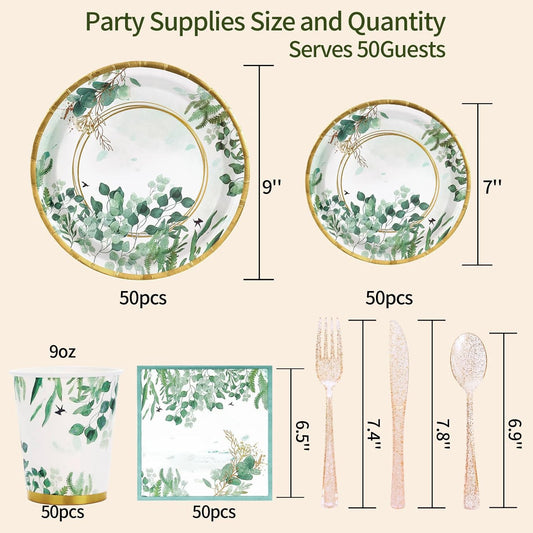 350 Pcs Sage Green Plates and Napkins Party Supplies Serve 50 Sage Green Baby Shower Decorations Eucalyptus Paper Plates and Cups And Napkins Sets for Boho Birthday Wedding Baptism Bridal