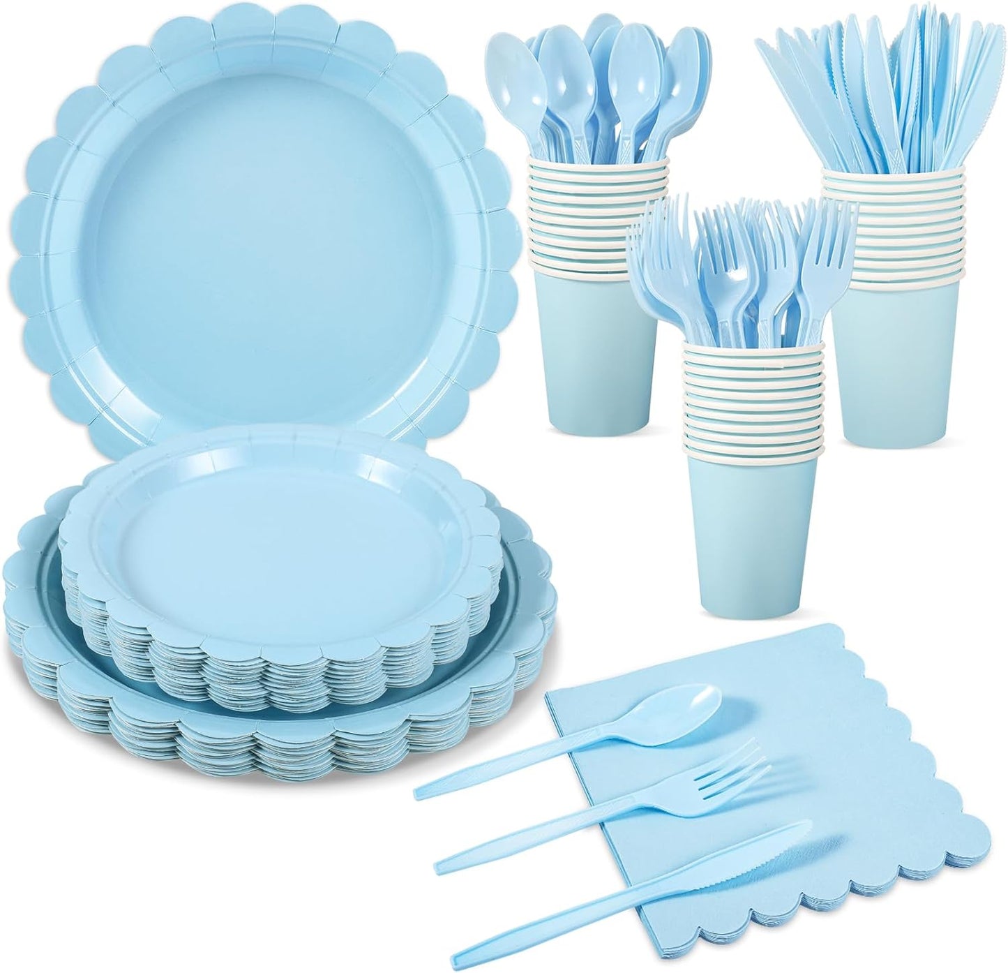 175 Pcs Light Blue Paper Plates and Napkins, Blue Party Supplies Include Light Blue Scalloped Plates Napkins Cups Plastic Spoons Forks Knives for Baby Shower, Wedding, Birthday