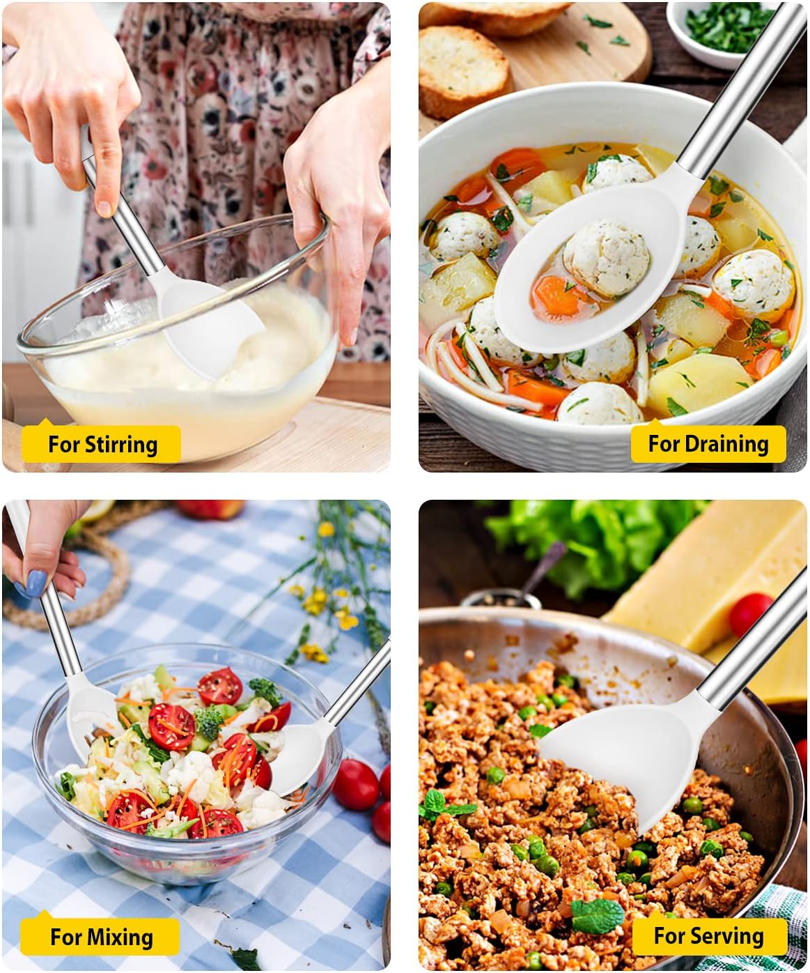 Pack of 2 Large Silicone Cooking Spoons,Non Stick Solid Basting Spoon,Heat-Resistant Kitchen Utensils for Mixing,Serving,Draining,Stirring (WHITE)