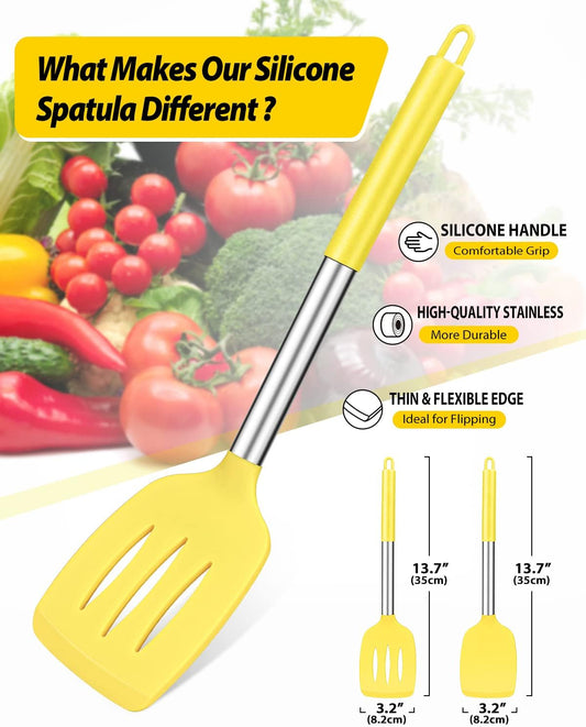 Pack of 2 Silicone Solid Turner, Non Stick Slotted Kitchen Spatulas, High Heat Resistant BPA Free Cooking Utensils, Ideal Cookware for Fish, Eggs, Pancakes(Yellow)