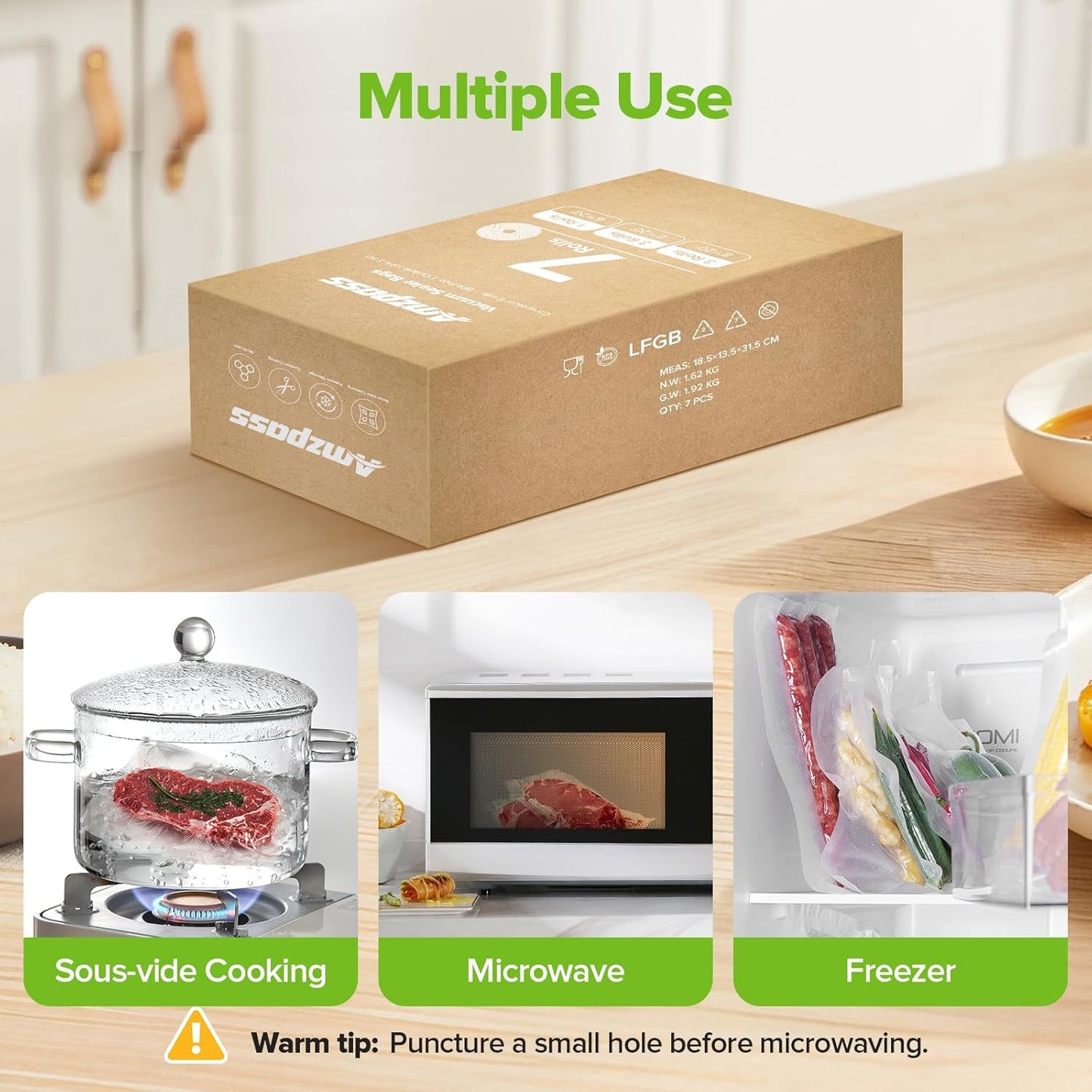 Vacuum Sealer Bags for Food, 7 Pack - 8" x 20' (3 Rolls) + 11"x 20' (3 Rolls) + 6"x 20' (1 Roll), BPA-Free Commercial Grade Embossed Customized Size Bags for Food Storage, Meal Prep, Sous Vide