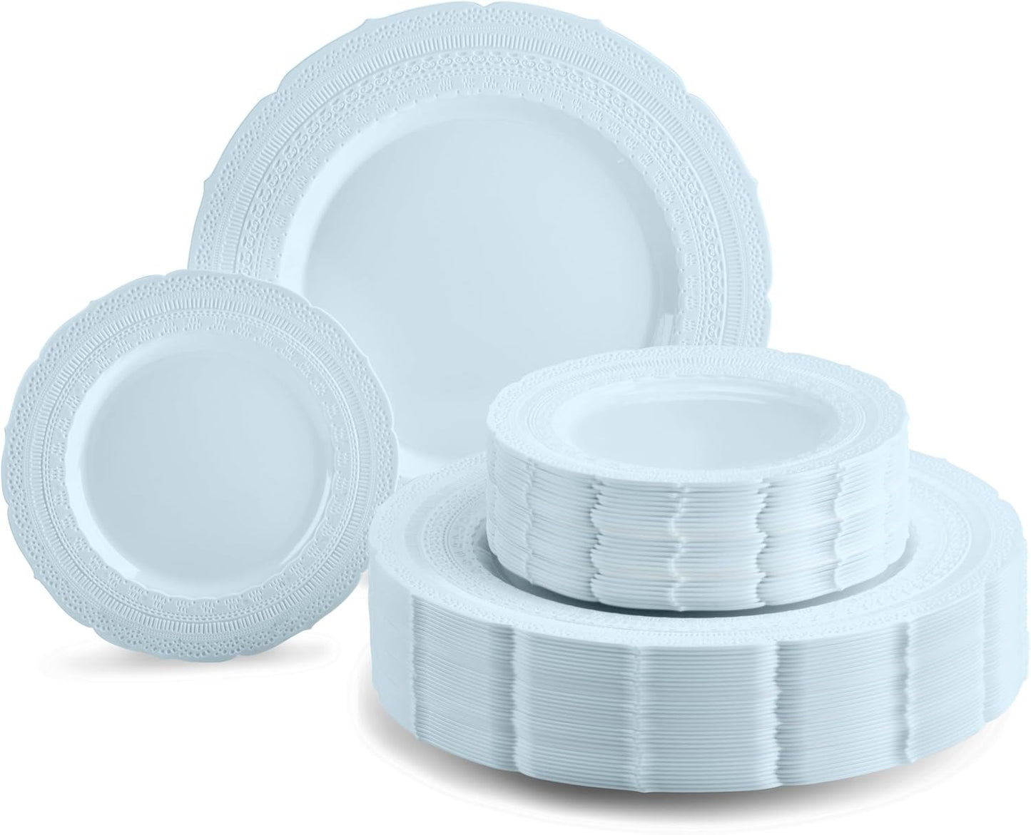 " OCCASIONS " 240 Plates Pack,(120 Guests) Extra Heavyweight Vintage Wedding Disposable/Reusable Plastic Plates 120x11'' Dinner + 120x8.25'' Salad/Dessert Plate (Chateau Blue)