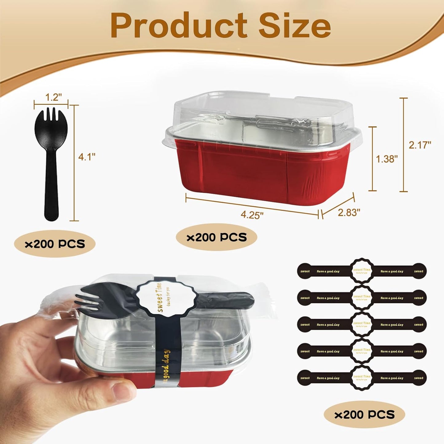 Mini Cake Pans With Lids And Spoons,5.5 oz Rectangle Mini individual Loaf Pans Disposable Aluminum Foil Small Baking Cups Tins (200, Red)