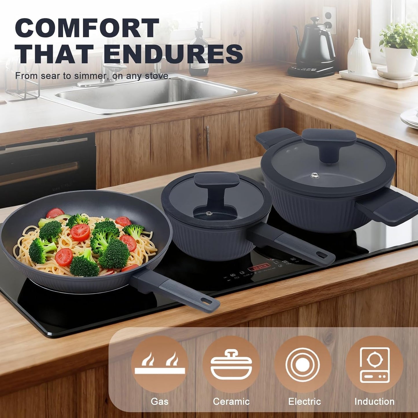 5-Piece Non-Toxic Ceramic Cookware Set, PFOA/PTFE Free Pan & Pot Set, Induction Ready, Dishwasher Safe for Easy Clean