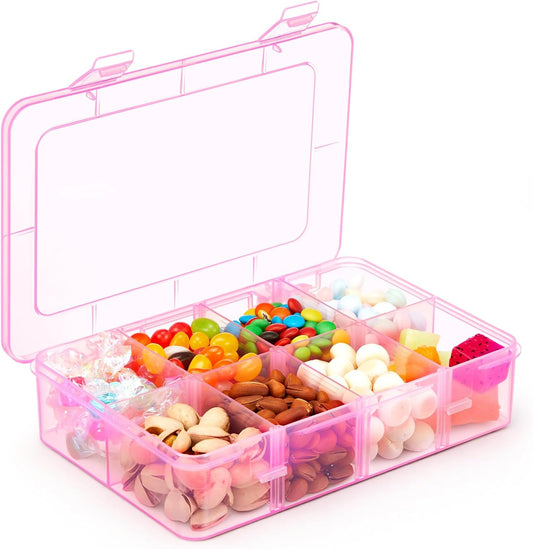 Thyle 1 Pcs Snack Box Container 8 Compartments Snack Containers Reusable Transparent Lunch Box Organizer Small Plastic Food Storage with Lids for Meal Prep School Work Travel (Pink)