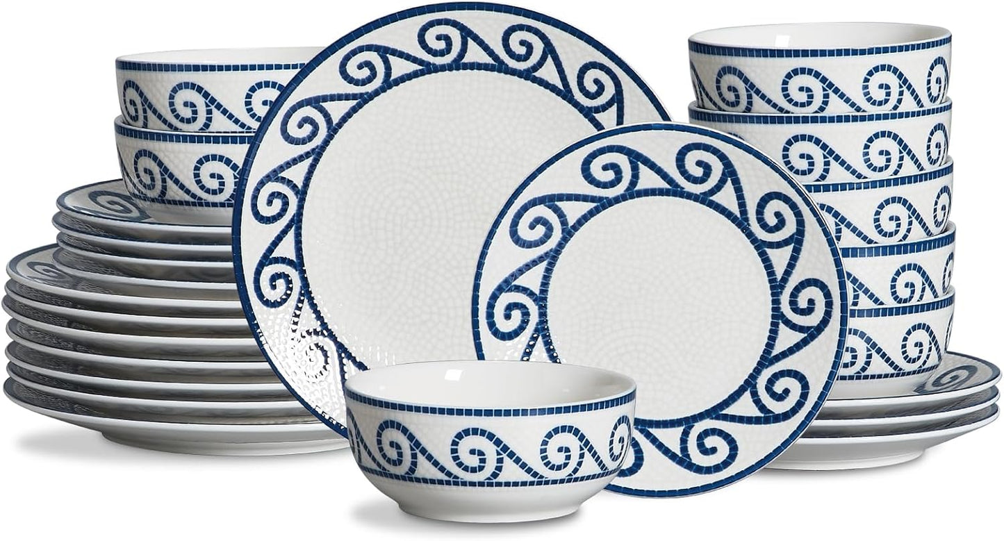 24 Piece Dinnerware Set – Coastal Dishes Dinnerware Sets for 8, Vintage Plates and Bowls Sets, Ceramic Dinnerware Sets for 8, Stoneware Kitchen Plates and Bowls Set