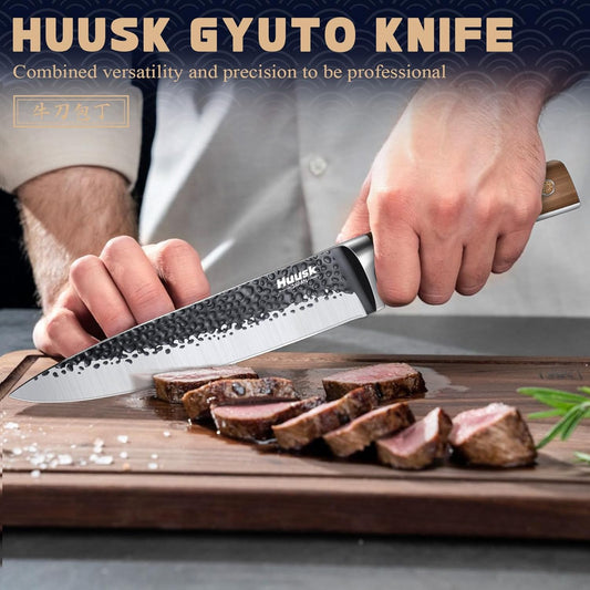 Huusk Japanese Chef Knife 8 Inch Gyuto Kitchen Knife Hand Forged Sushi Knives with Ergonomic Handle Professional Cooking Knife for Cuttting Meat Vegetables Premium Giftbox