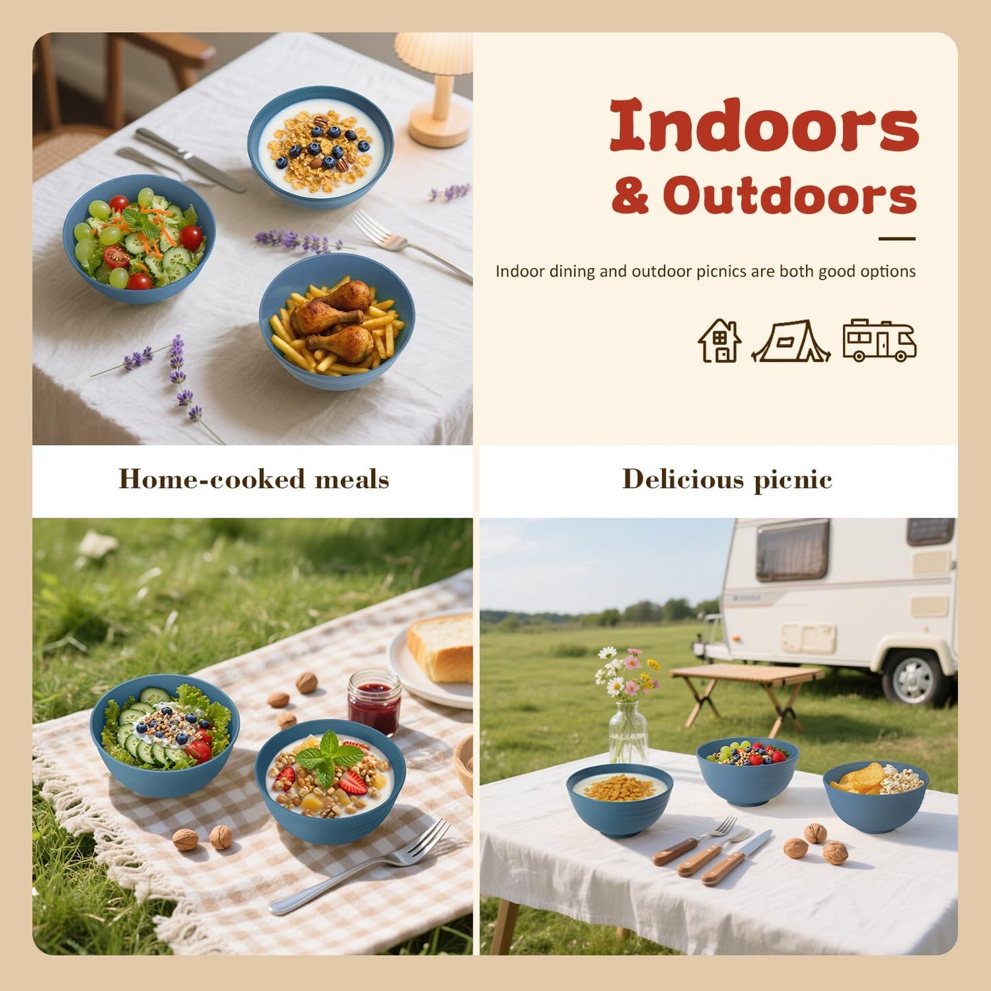 Wrova 6-piece Wheat Straw Bowls sets 26oz,Alternative Plastic Bowls Reusable for indoors and outdoors,Microwave-able and Dishwasher Safe Bowls Sets Easy to Clean.Blue Series