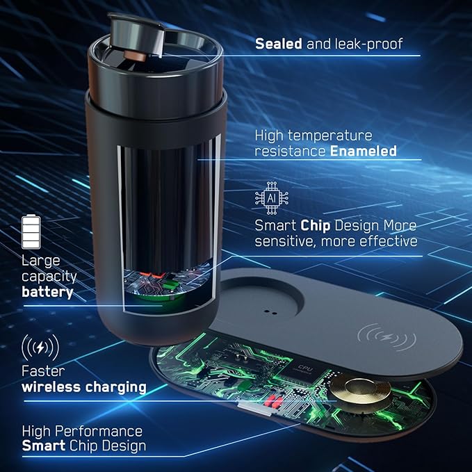 Temperature Control Heated Coffee Mug Smart Self Heating Travel Mug 12 Oz App Controlled Warmer Mug 4-10 Hour LED Display Keep Coffee Hot All Day Fast Wireless Charger Base Iron Black