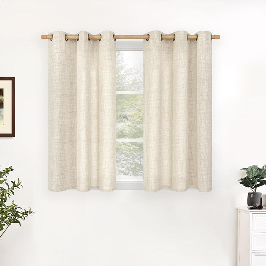 YoungsTex Linen Kitchen Window Curtains 48 Inch Length with Grommet, Short Light Filtering Drapes Semi Sheer Privacy for Bathroom Cafe Window, 34 x 48 Inch, 2 Panels