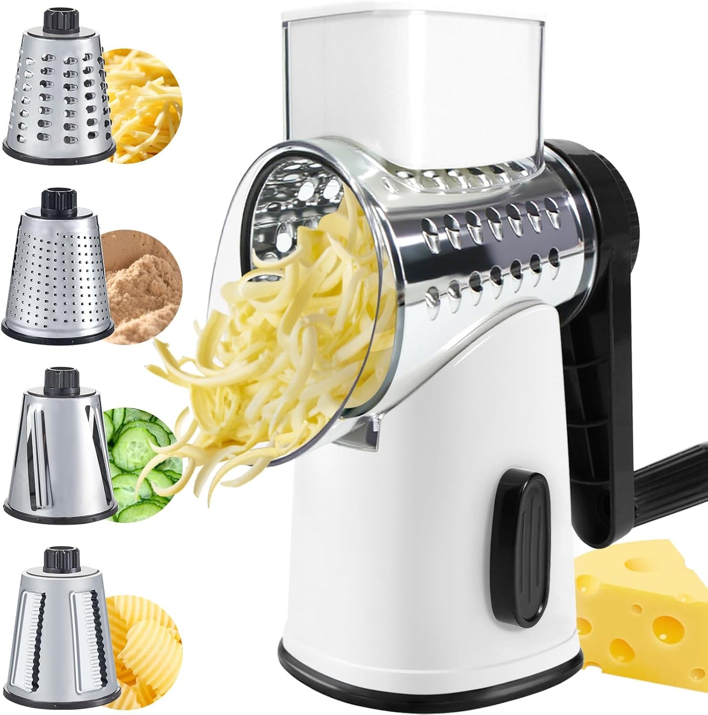 VEKAYA Cheese Grater, Cheese Grater Hand Crank, 4 Interchangeable Blades Cheese Shredder, Vegetable Slicer, Non-slip Suction Base, Easy to Clean Rotary Grater with Handle (White)