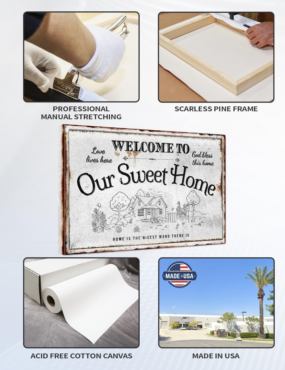 IPIC - Our Sweet Home Vintage Family Sign, Large Farmhouse Style Canvas Wall Art for Home or RV, Rustic Wall Decor for Bedroom, Living Room, Made in USA