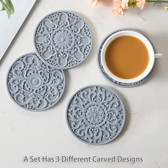 Colinda Silicone Coasters - Set of 6 with Holder, Non-Slip Cup Mats for Hot and Cold Drinks, Decorative Designs, Gift Ready Packaging, White