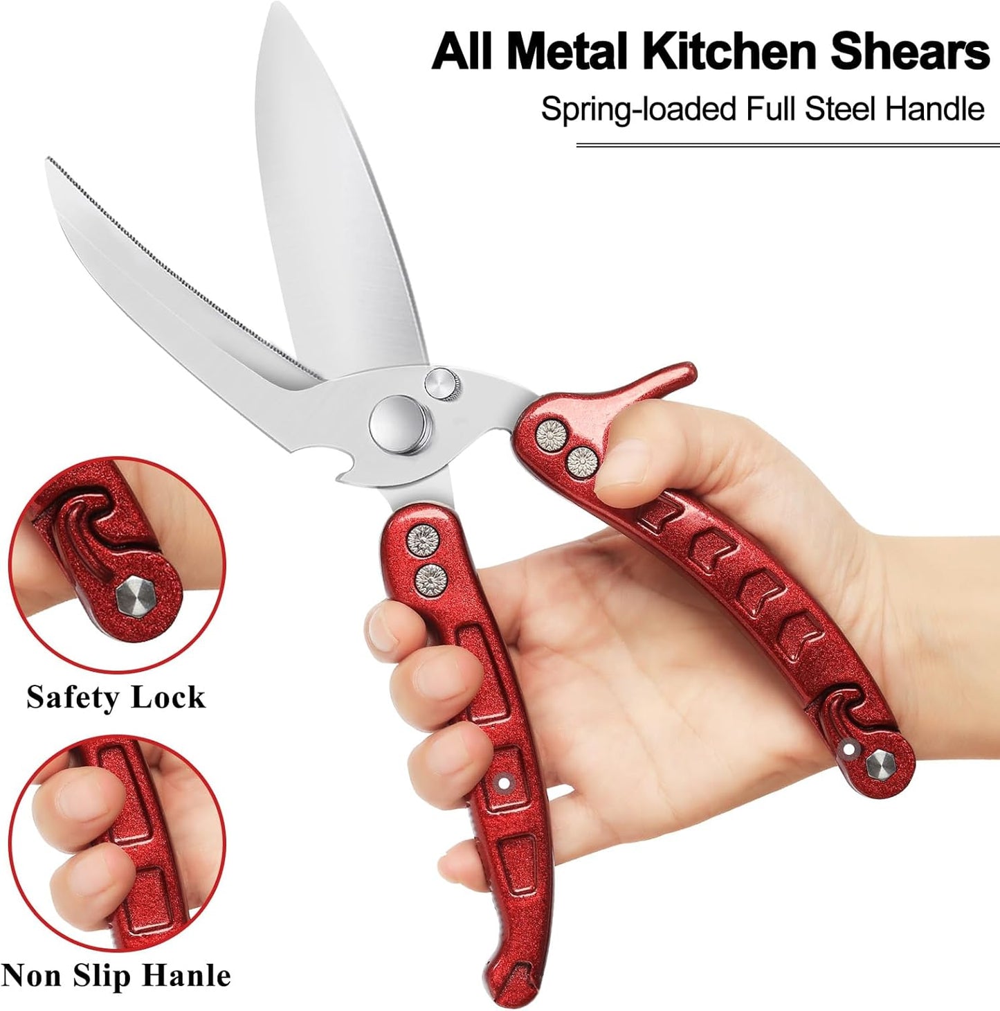 Heavy Duty Kitchen Shears, Detachable Poultry Shears with Serrated Edge, Spring-Loaded Stainless Steel Chef Scissors Cutting Bone, Chicken, Fish, Food, Meat, Burgundy Full Steel Handle