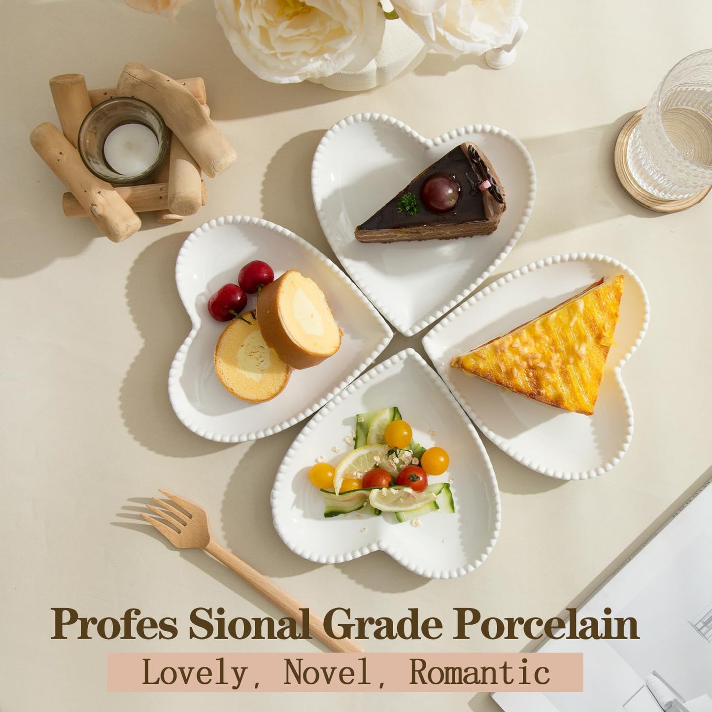 7.5 Inch Porcelain Appetizer Plates Set of 8, Heart Shape Small Dinner Plates, Dessert Salad Plates Serving Dishes for Cake, Snack, Ice Cream, Waffles, Microwave, Oven, Dishwasher Safe, White