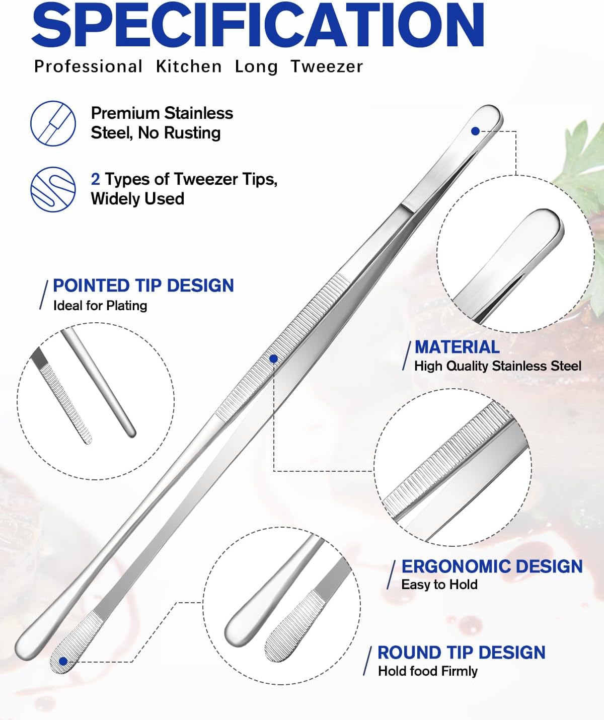 2 Pcs 12-Inch Kitchen Tweezers Fine Tweezer Tongs, Stainless Steel Professional Long Cooking Tweezers for BBQ, Sea Food, Repairing and Serving (SILVER)