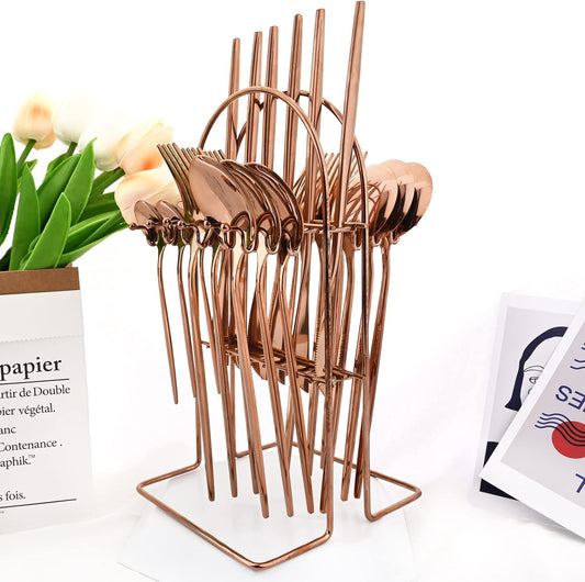 24-Piece Mirror Rose Gold Cutlery Set, Snplowum Stainless Steel Flatware Hanging Tableware Silverware Set Include Knife/Fork/Spoon/Teaspoon and Storage Rack For Daily Use, Service For 6