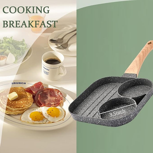 JUSTUP Nonstick Egg Frying Pan, Mini 3-in-1 Nonstick Pan Divided Grill Frying Pan, Heat Resistant Handle 3 Section Skillet Mini Pancake Pan, Cooking Pan for Breakfast, Egg, Bacon and Burgers, 7.3 in