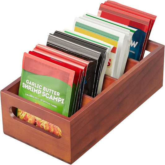 DRASTAR Seasoning Packet Organizer, Wood Kitchen Pantry Organizers and Storage Bin, Sauce Packet Organizer, Snack & Spice Organization for Cabinet, Brown
