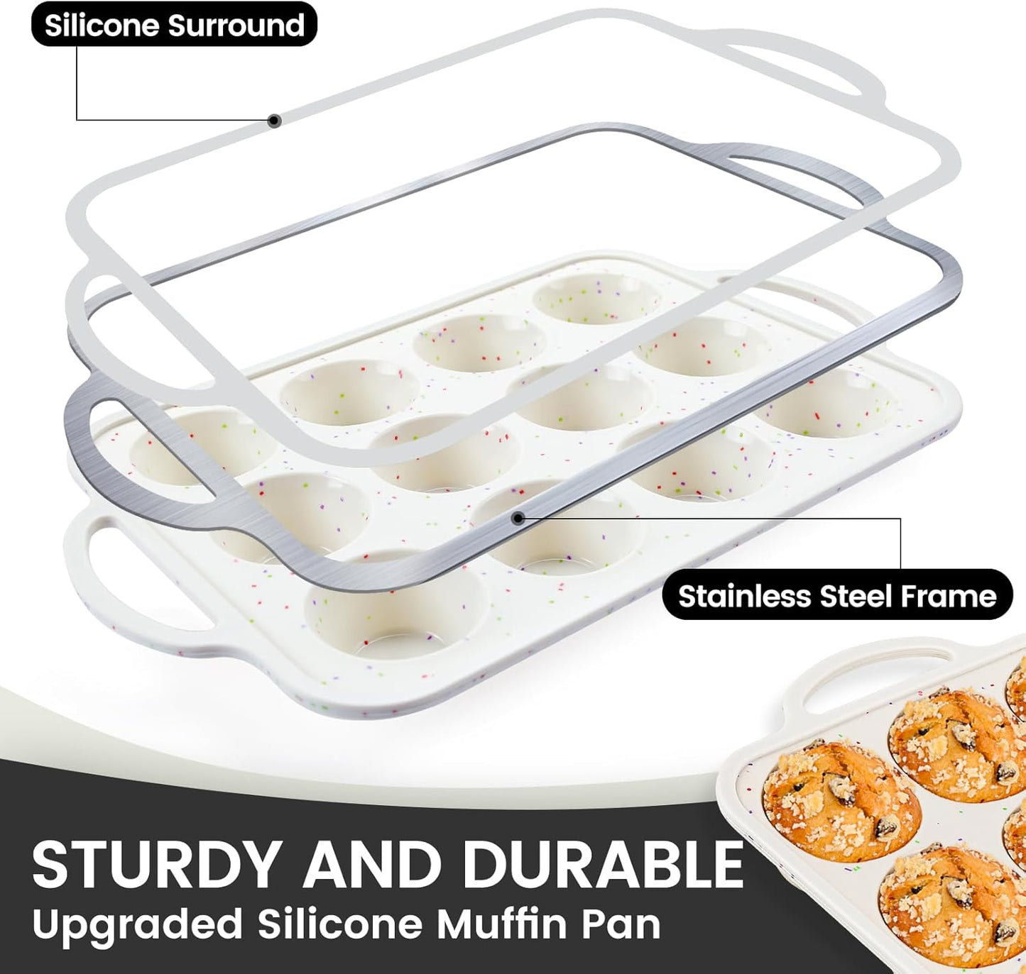 Vinino 2Pack Silicone Muffin Pan for Baking with Metal Reinforced Frame, Regular 12 Cup and Mini 24 Cup Nonstick Cupcake Pan Set, BPA Free Silicone Muffin Tray Molds for Oven Dishwasher Safe