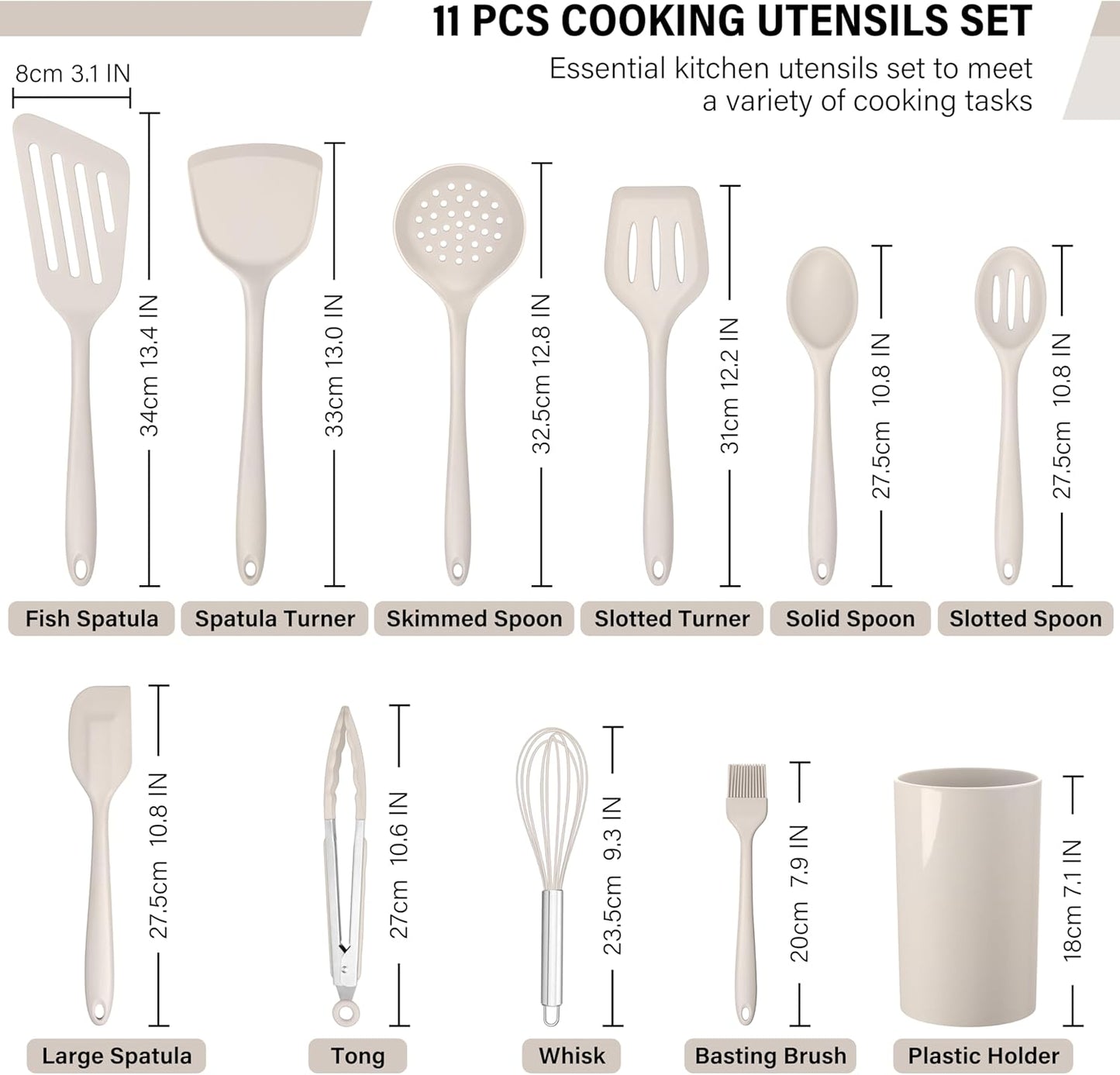 HaWare 11 PCS Silicone Cooking Utensils Set, Heat Resistant Kitchen Utensils with Holder, Food-grade Spatula Sets for Nonstick Cookware, Kitchen Tools Gadgets Include Fish Turner, Spoon (Khaki)