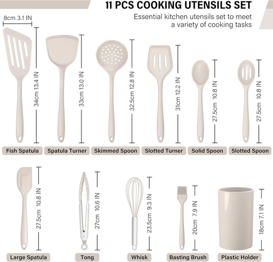 HaWare 11 PCS Silicone Cooking Utensils Set, Heat Resistant Kitchen Utensils with Holder, Food-grade Spatula Sets for Nonstick Cookware, Kitchen Tools Gadgets Include Fish Turner, Spoon (Khaki)