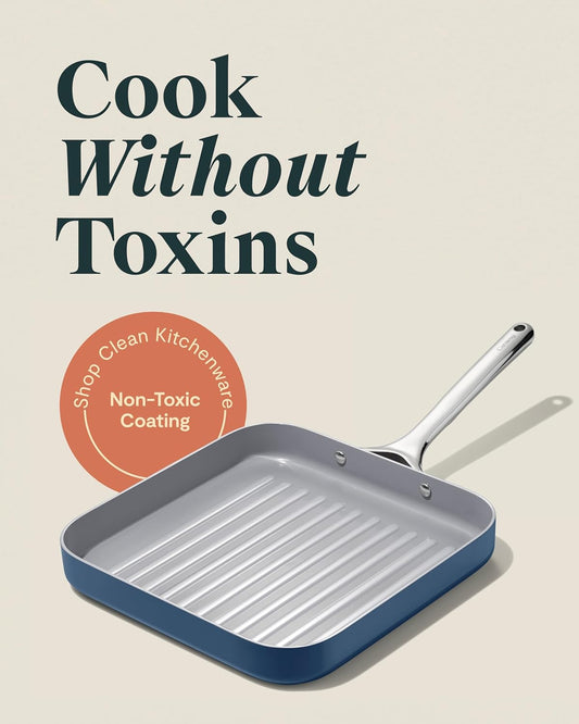 Caraway Square Grill Pan - 11” Grill Pan - Non-Stick Ceramic Coated - Non Toxic, PTFE & PFOA Free - Oven Safe & Compatible with All Stovetops - Navy