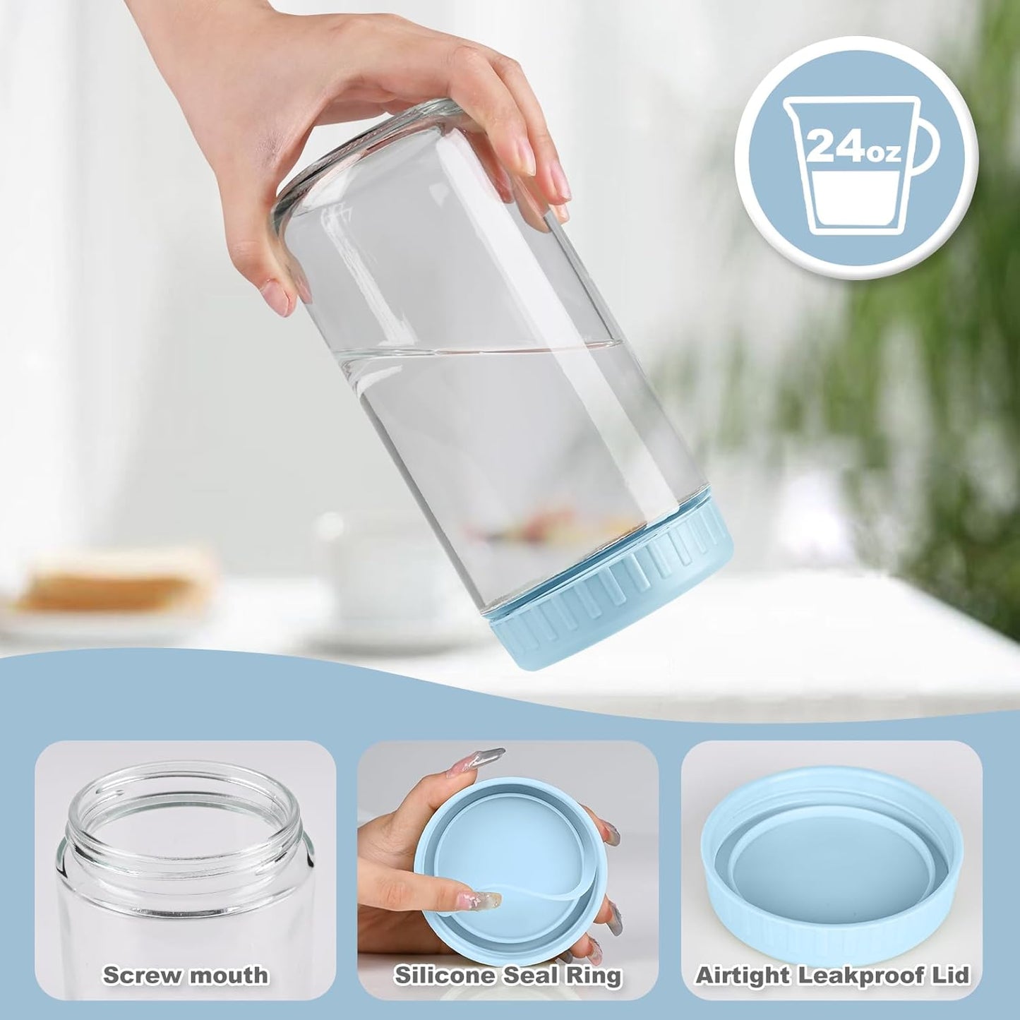 Overnight Oats Containers with Lids, 24oz Glass Jars with Lids 2 pcs, Light Blue, Wide Mouth Mason jars for Salad, Yogurt, Snacks, Meal Prep